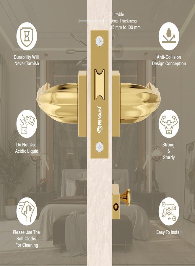 GRIVAN Premium Brass Bathroom Door Handleset with Keyless Baby Latch for Bedroom/Balcony/Office (Gold Finish) - Image 4